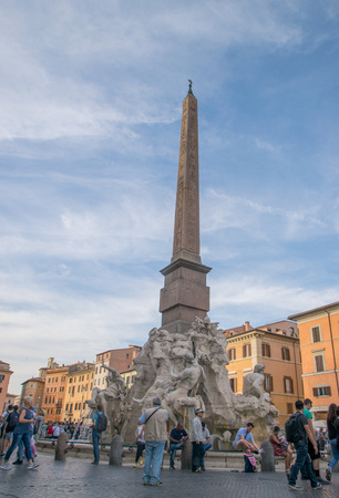 ROME, ITALY - JUNE 02, 2017:  Fountain of the Four Rivers (Fontana dei Quattro Fiumi) and Agonale obelisk at Piazza Navona squareのeditorial素材