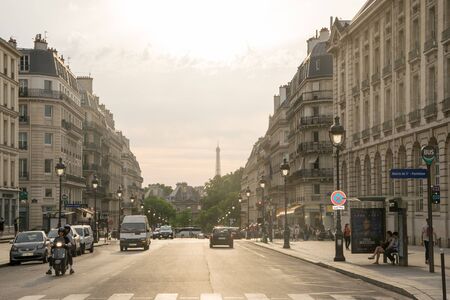 PARIS, FRANCE - JUNE 06, 2017:  View of Parisian street at sunset in Paris, Franceのeditorial素材