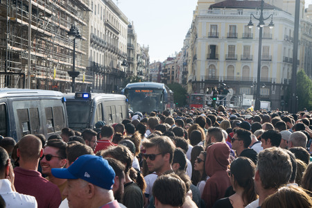 MADRID, SPAIN - JUNE 04, 2017. Thousands of Real Madrid fans celebrating the 12th Champions League title Puerta del Sol Square in Madrid, Spain.のeditorial素材
