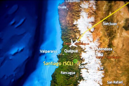 MADRID, SPAIN - JUNE 05, 2017: Detail of a digital map showing the trip from Madrid to Santiago de...