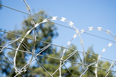 Restricted area - fence with barbed wireの写真素材