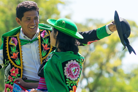 Peruvian couple dancing Huayno, a traditional musical genre typical of the Andean region of Peru, Bolivia, northern Argentina and northern Chileのeditorial素材