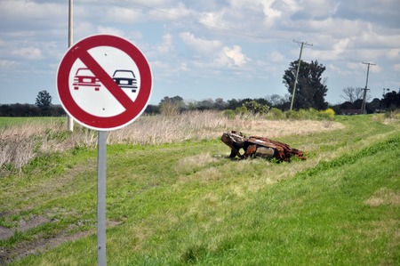 Traffic signal do not overtake and car accident on backgroundの写真素材