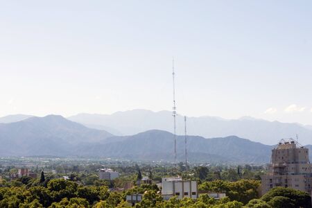 Skyline of Mendoza City And Andes Mountain Range on Backgroundの写真素材