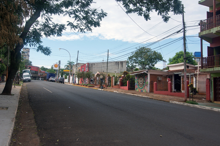 Puerto Iguazu, Argentina - November 24, 2019: General view of a typical street in Puerto Iguazu Town in Misiones, Argentinaのeditorial素材