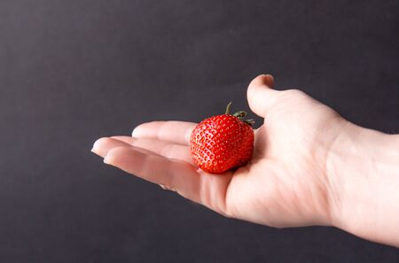 Red ripe strawberries in hand, palm on a black background. Dark food photography. Selective focus. Side viewの写真素材