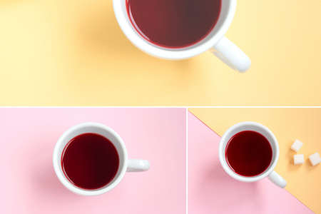 Creative collage. Collage Hibiscus tea in a white cup and sugar on a pale pink and yellow background. Hood boardの写真素材