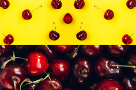 Creative collage. Mood board. Collage. Bright red cherry on a yellow background. Cherry pattern....