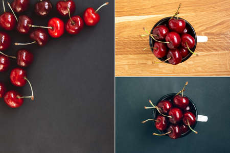 Creative collage. Mood board. Collage. Red, ripe, bright cherries on a dark background. Cherries...