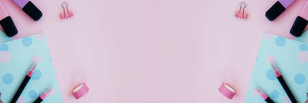 Bright sketchbooks, markers, pink clips on a pink background. Creative workspace. Flat lay of stationery with space for text. Bannerの写真素材