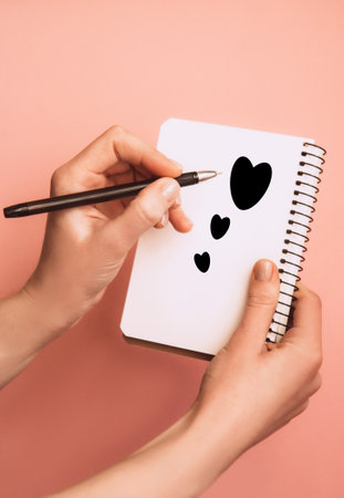 Woman's hand holding pen and open spiral notebook with painted hearts on light background. Planning conceptの写真素材