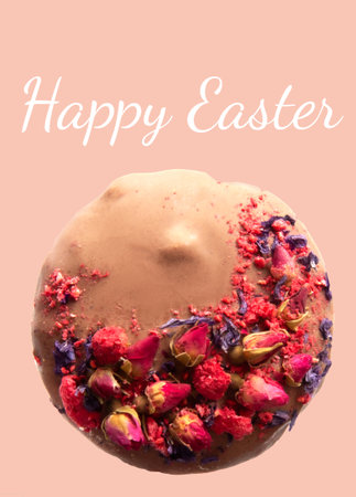 Traditional delicious Easter cake isolated on pink background. With inscription Happy Easter