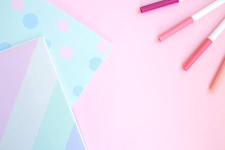 Two bright sketchbooks and markers on a pink background with space for text. Online education, creative workspace. Flat layの写真素材