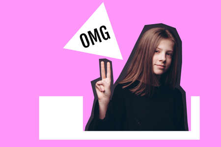 Magazine style collage of smiling girl showing victory sign with her hand on a bright background
