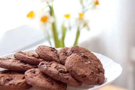 Delicious and tasty chocolate chip cookies on a white plate on a table in a bright kitchen. Close up