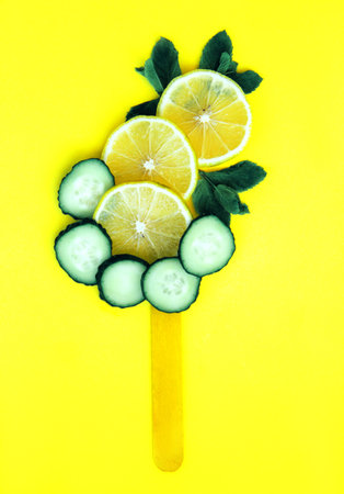 Slices of lemon and cucumber with ice cream stick on bright yellow background. Food creative concept. Abstract of fresh fruits and vegetables. Top viewの写真素材