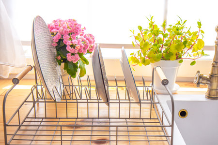 Countertops with plants, dish rack with plates and windows with white shutters in the kitchen interior. Kitchen sink by the windowの写真素材