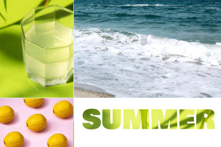 Creative summer collage. Bright fresh moments of summer. Pool, fruit, water, sea, ocean. Summer background with copy space. Mood boardの写真素材