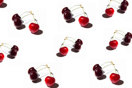 Set of bright red cherry isolated on a white background. Cherries pattern. Cherries closeup. Summer...