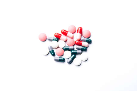 dietary supplements and pills for dieting. Vitamin tablets on a white background. medical concept. Complementary and medical productsの写真素材