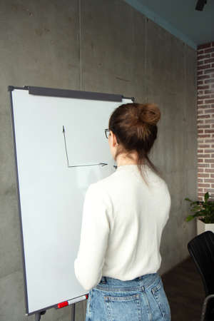 Woman trainer or speaker making presentation at flipchartの写真素材