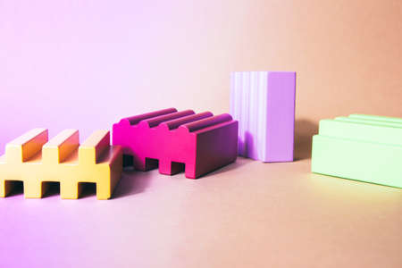 Geometric shapes podium for product display. Multicolored architecture of glossy abstract shapes on a neon background. background for presentation. minimalist style.の写真素材