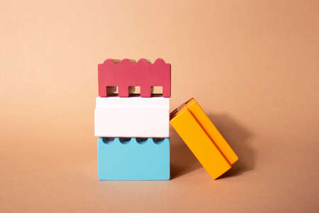 Bright, colorful geometric shapes podium for product display. Multicolored architecture of glossy abstract shapes on a pastel background. background for presentationの写真素材