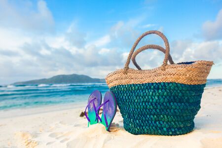 beach accessories on turquoise tropical backgroundの写真素材