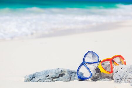 Diving Goggles and Snorkel Gear stone near beachの写真素材