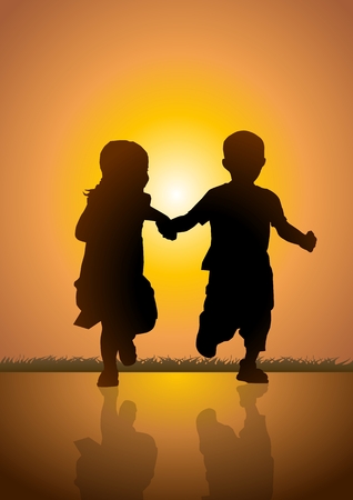 Sotck illustration of two kids running happilyのイラスト素材