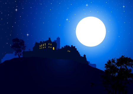 A castle at the mountain with full moon as the backgroundのイラスト素材