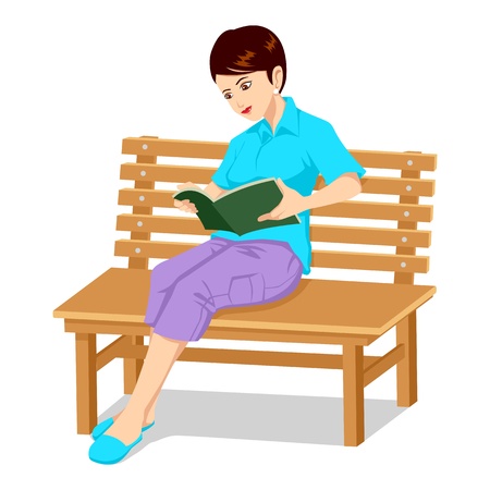 a girl sitting on a bench reading a book のイラスト素材