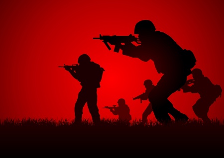 Silhouette illustration of a group of soldiers in assault formation 