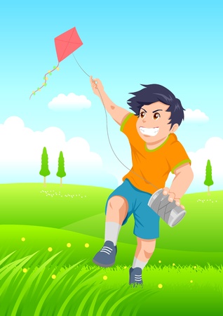 Cartoon illustration of a boy playing a kite.のイラスト素材