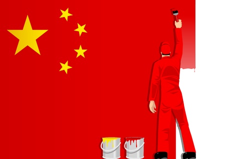 Illustration of a man figure painting the flag of People Republic Of China のイラスト素材