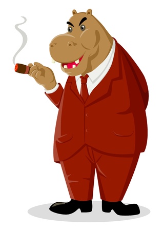 Cartoon illustration of a hippopotamus smoking a cigar のイラスト素材