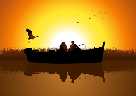 illustration of two men silhouette fishing on the lake のイラスト素材