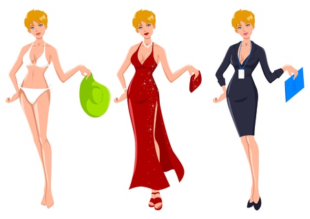 Cartoon illustration of an attractive blond woman dress up for three different occasions のイラスト素材
