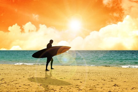 Illustration of a surfer walking at the beach during sunset の写真素材