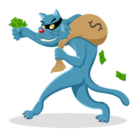 Cartoon illustration of a cat stealing a bag of money のイラスト素材