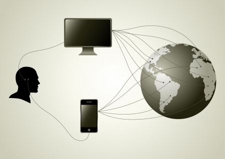 Silhouette of human head figure having wire connection with computer and smartphone のイラスト素材