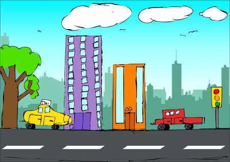 Kid drawing style illustration of a cityscape のイラスト素材