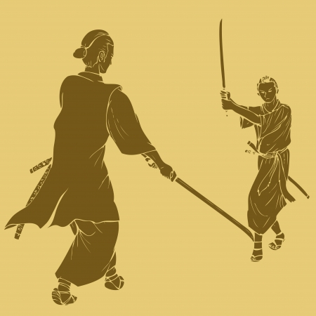 Samurai in dual stance, engraved style illustrationのイラスト素材