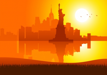 An illustration of New York City skyline at sunsetのイラスト素材