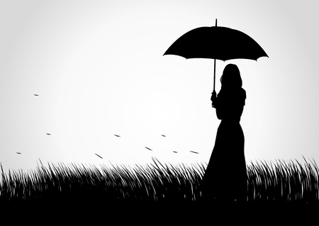 Silhouette illustration of a girl with umbrella on grass fieldのイラスト素材
