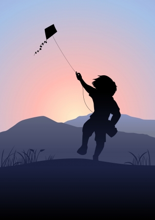 Silhouette illustration of a boy playing with kiteのイラスト素材