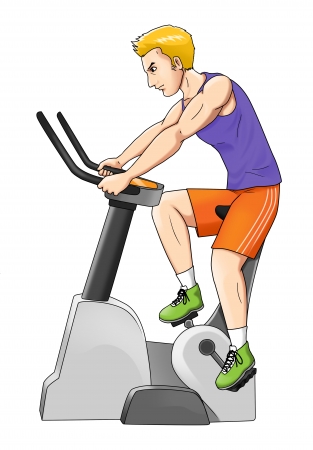 Cartoon illustration of a man exercising with fitness bikeの写真素材
