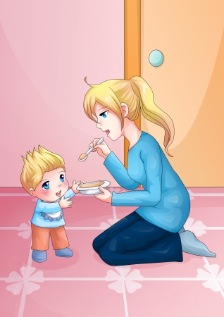 Cartoon illustration of a mother feeding her babyの写真素材