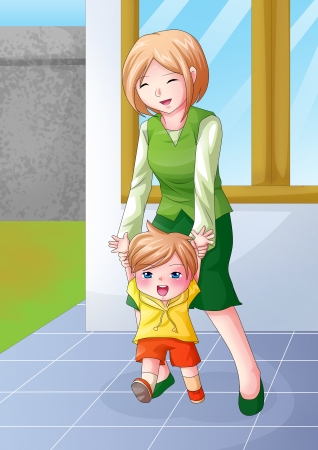 Cartoon illustration of a mother guiding her child to walkの写真素材