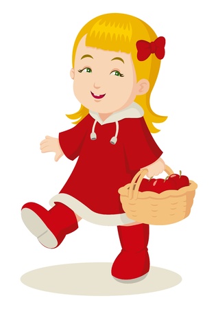 A little girl in red jacket carrying a basket of applesのイラスト素材